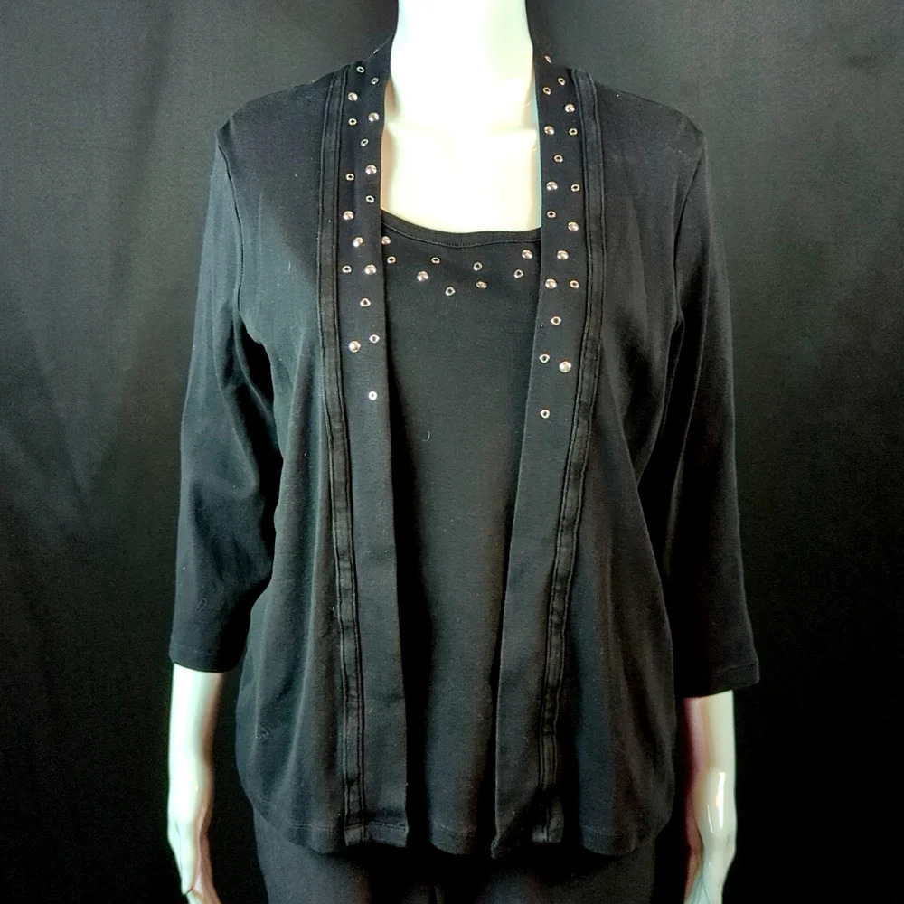 Rafaella sz Large Jet Black Cardigan / Tank Top With Silver Studded Embelishment